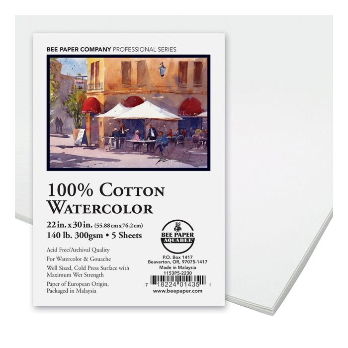 Bee Paper 100% Cotton Watercolor Sheets 22 inch x 30 inch 140lb 5pk