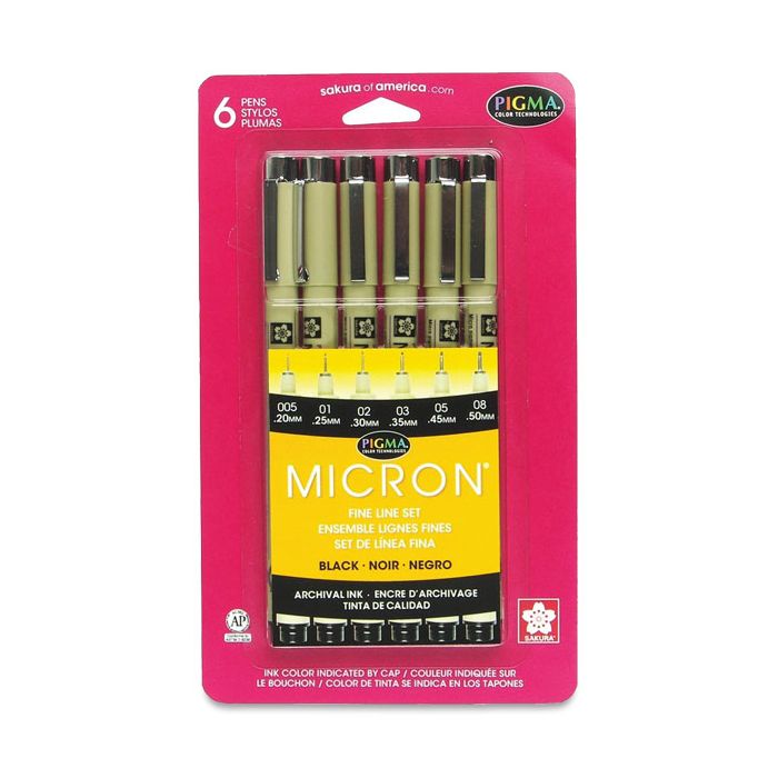 Pigma Micron Pens - Black, Sizes 005-08, Set of 6