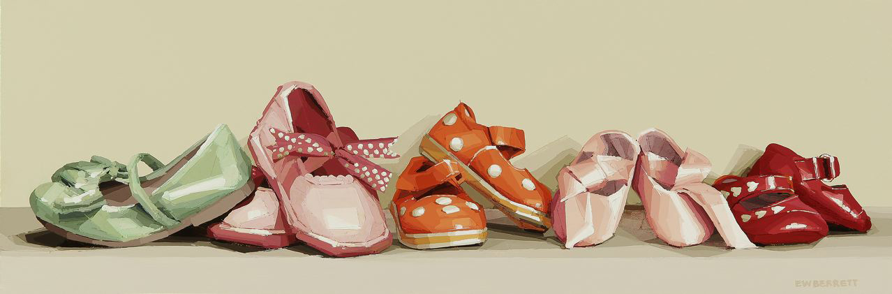 Painted collection of little girl's shoes all in a line.