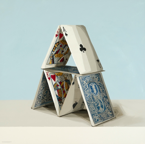 Painting of a smal house of cards.