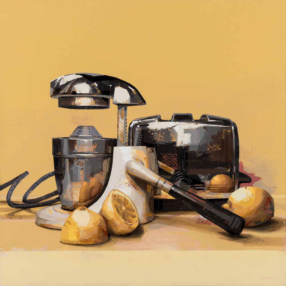 Painting of an antique citrus juicer with lemon halves, and a toaster.