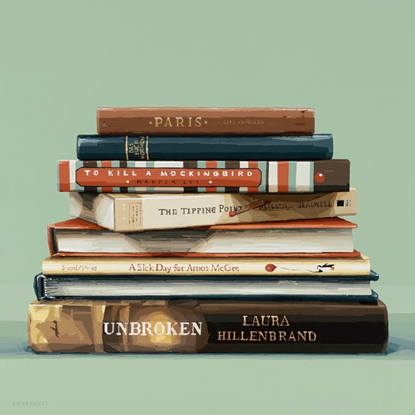 Painting of a stack of fiction books.